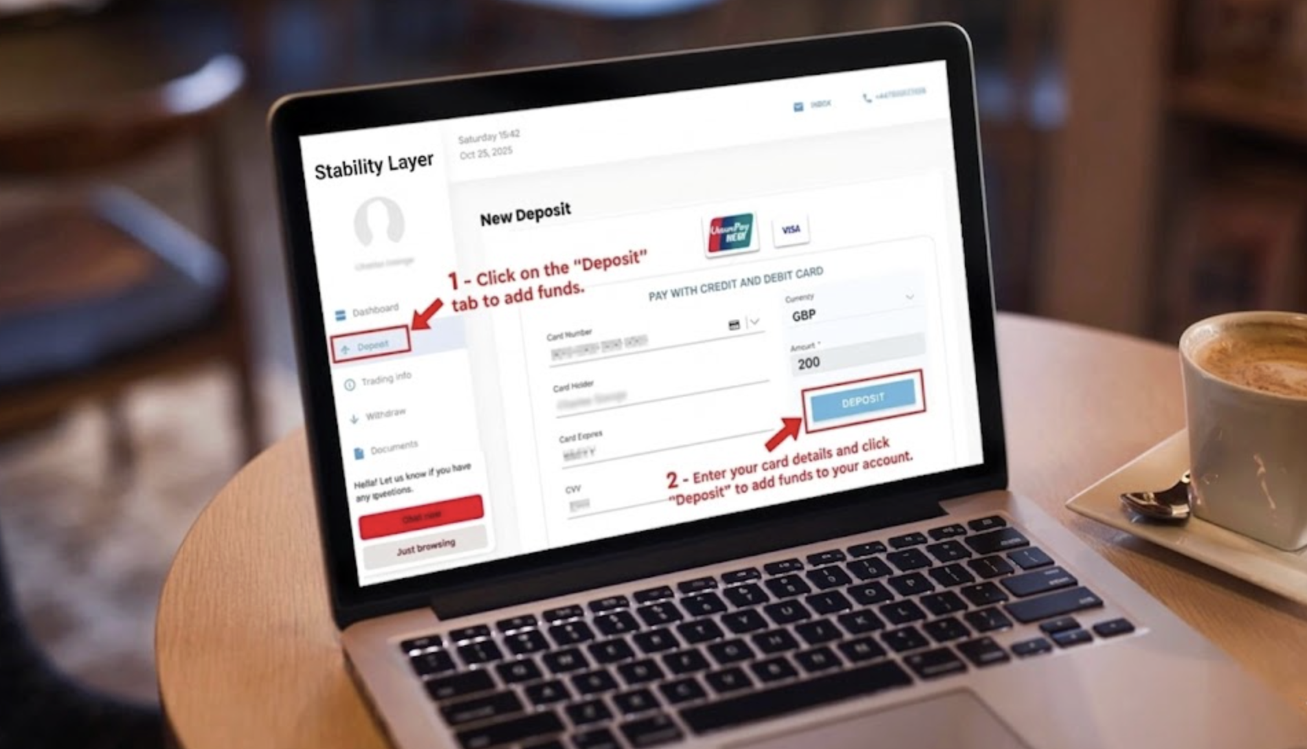 Step 2: BitKeltTrade — New Deposit with card payment on laptop